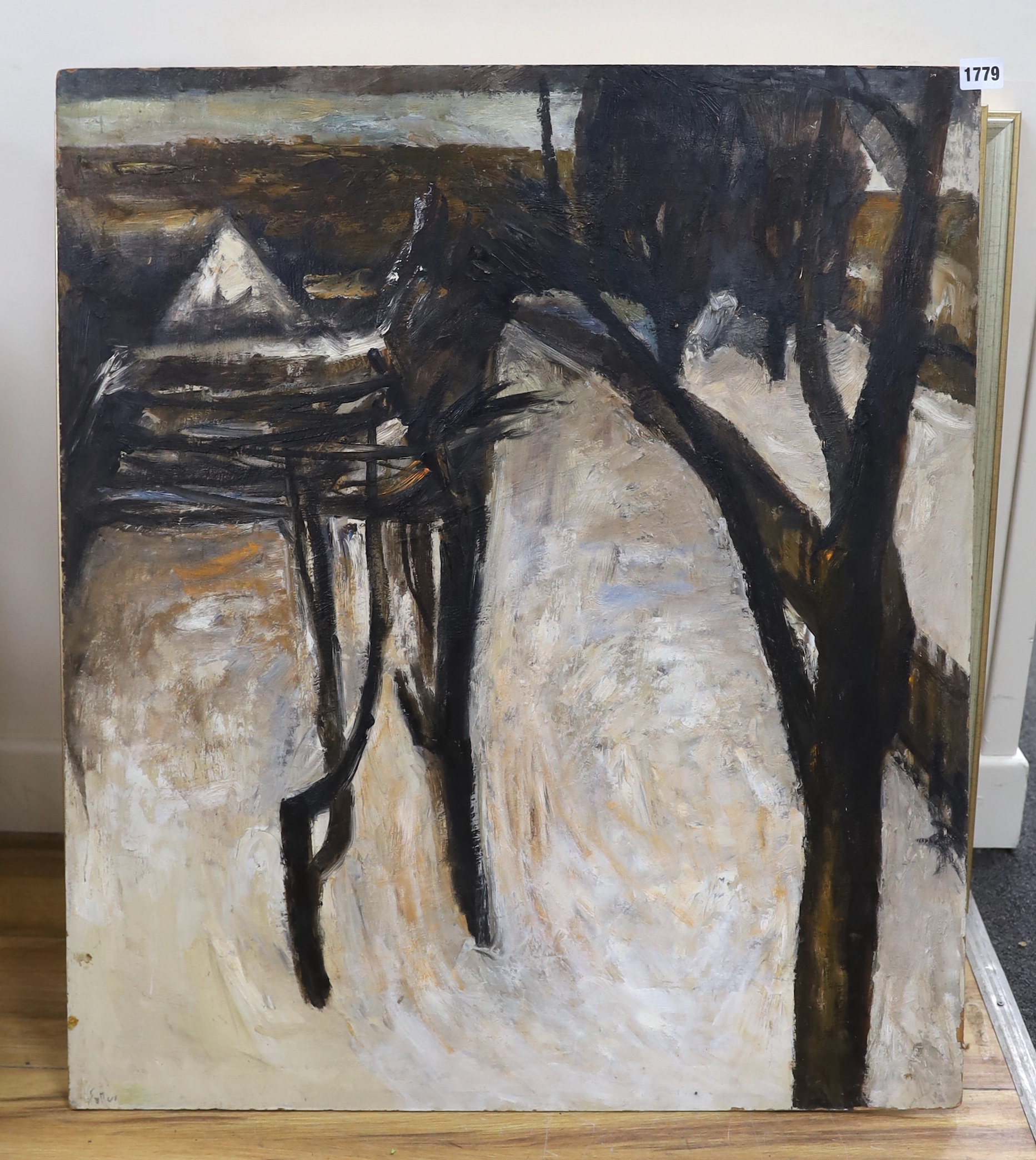 Violet Fuller (British, 1920-2008), oil on board, 'My garden in winter', signed with label verso, 76 x 66cm, unframed